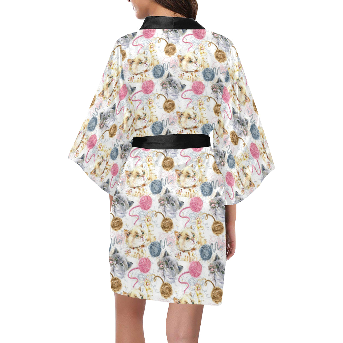 Cat Playing Yarn Pattern Print Design 07 Women's Short Kimono
