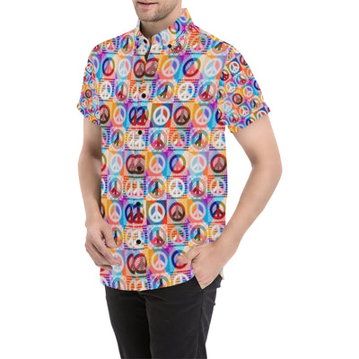 Peace Sign Patchwork Design Print Men's Short Sleeve Button Up Shirt