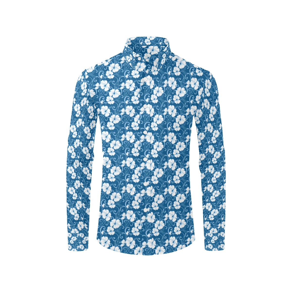 Hibiscus Blue Flower Hawaiian Print Men's Long Sleeve Shirt