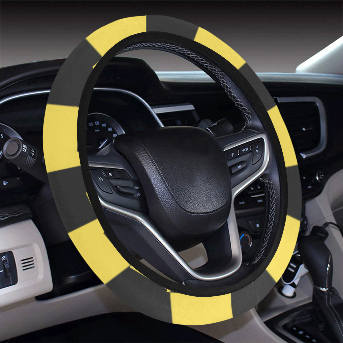 Checkered Yellow Pattern Print Design 03 Steering Wheel Cover with Elastic Edge