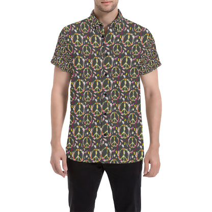 Peace Sign flowers Design Print Men's Short Sleeve Button Up Shirt