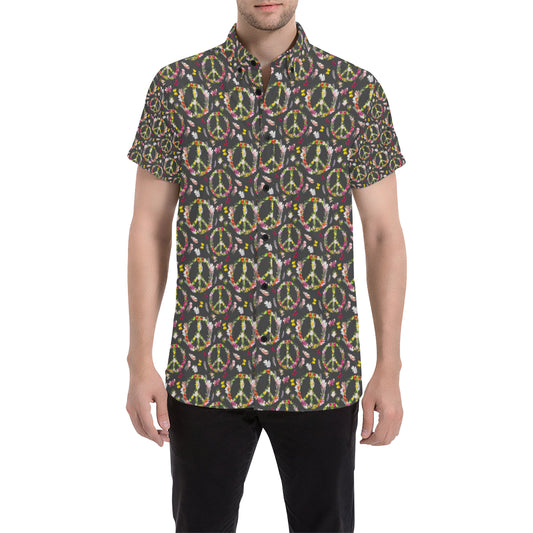 Peace Sign flowers Design Print Men's Short Sleeve Button Up Shirt