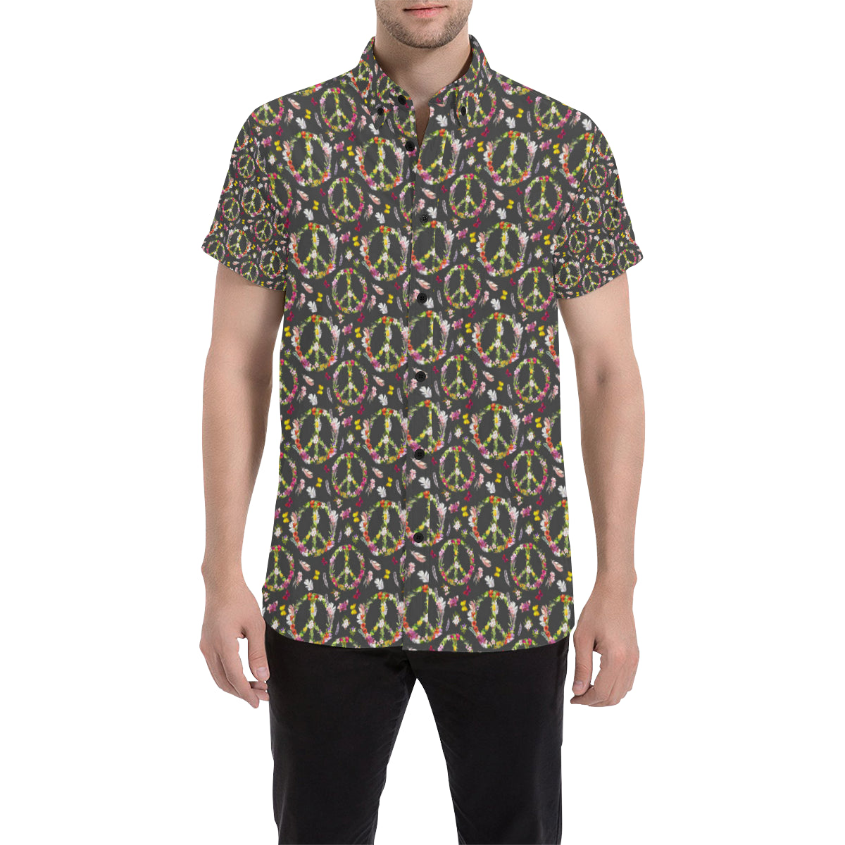 Peace Sign flowers Design Print Men's Short Sleeve Button Up Shirt