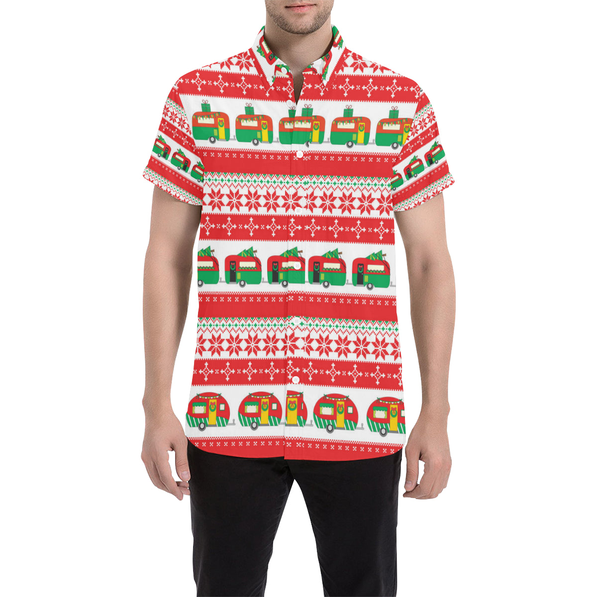 Camper Camping Ugly Christmas Design Print Men's Short Sleeve Button Up Shirt