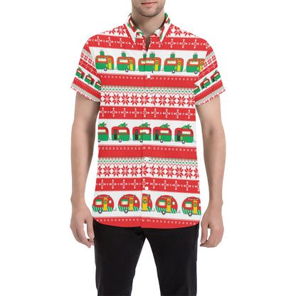 Camper Camping Ugly Christmas Design Print Men's Short Sleeve Button Up Shirt