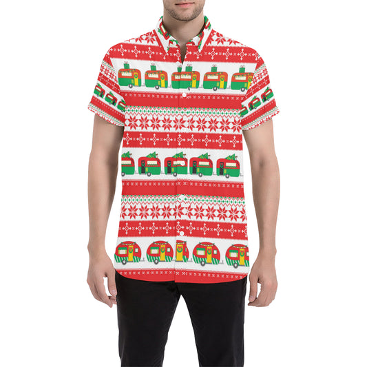 Camper Camping Ugly Christmas Design Print Men's Short Sleeve Button Up Shirt