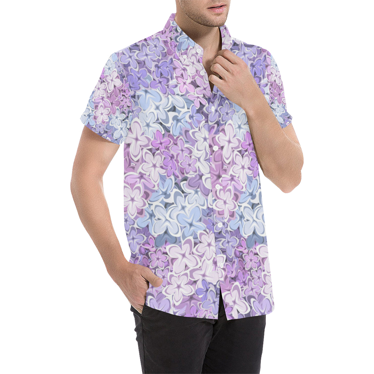 Lilac Pattern Print Design LI01 Men's Short Sleeve Button Up Shirt