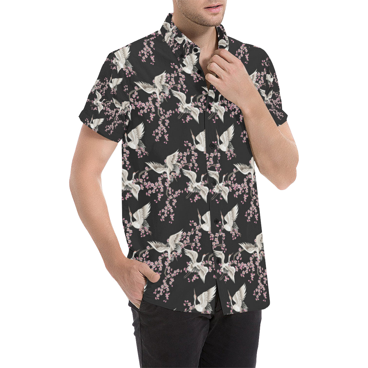 Crane Pattern Print Design 01 Men's Short Sleeve Button Up Shirt