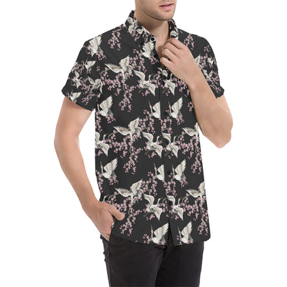 Crane Pattern Print Design 01 Men's Short Sleeve Button Up Shirt