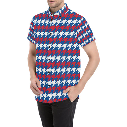 Patriotic Houndstooth Pattern Print Design A02 Men's Short Sleeve Button Up Shirt