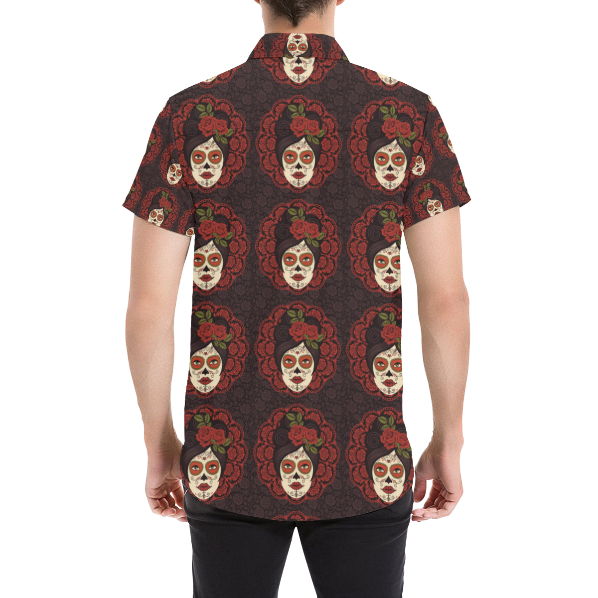 Day of the Dead Mexican Girl Men's Short Sleeve Button Up Shirt