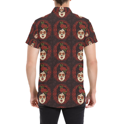 Day of the Dead Mexican Girl Men's Short Sleeve Button Up Shirt