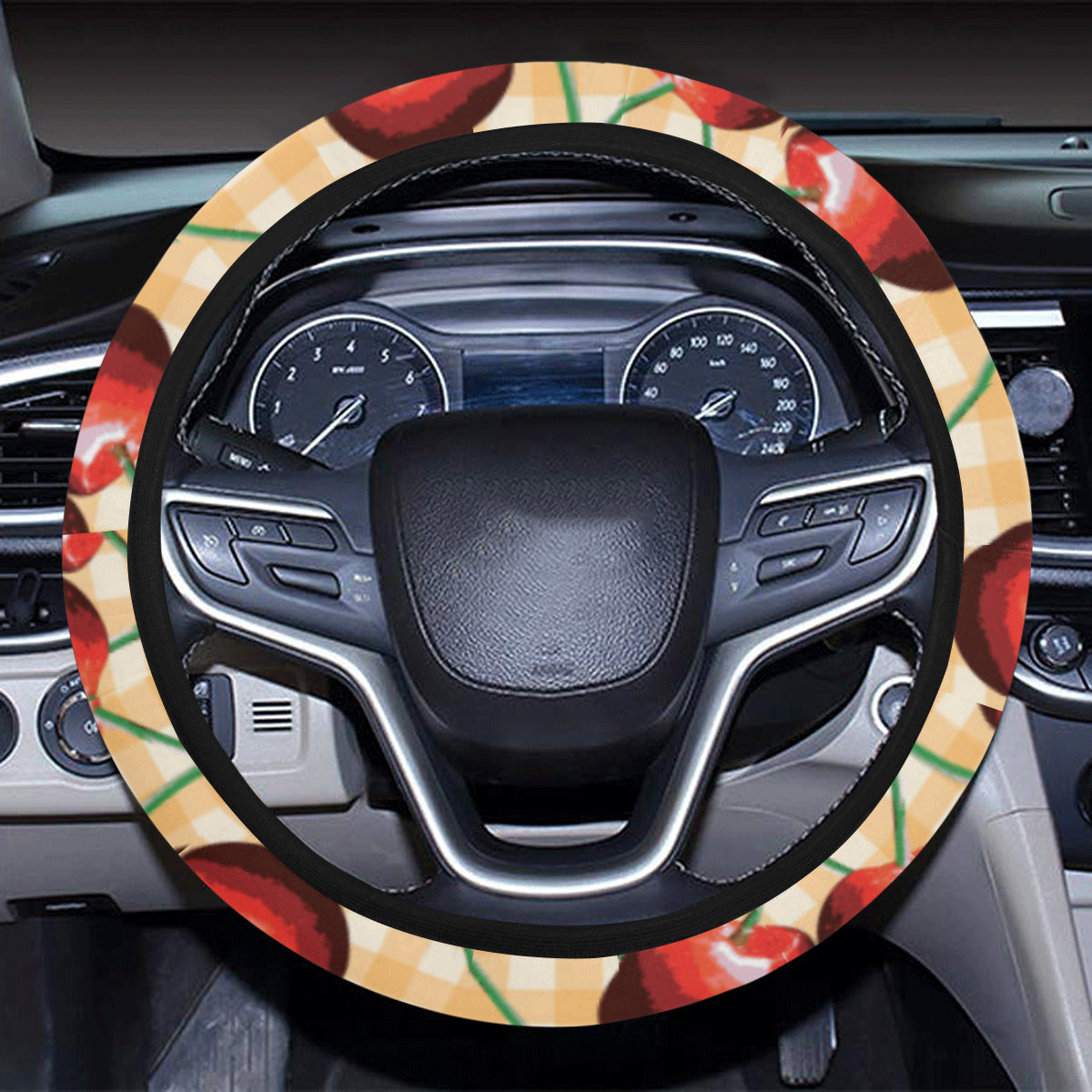 Cherry Orange Plaid Print Steering Wheel Cover with Elastic Edge