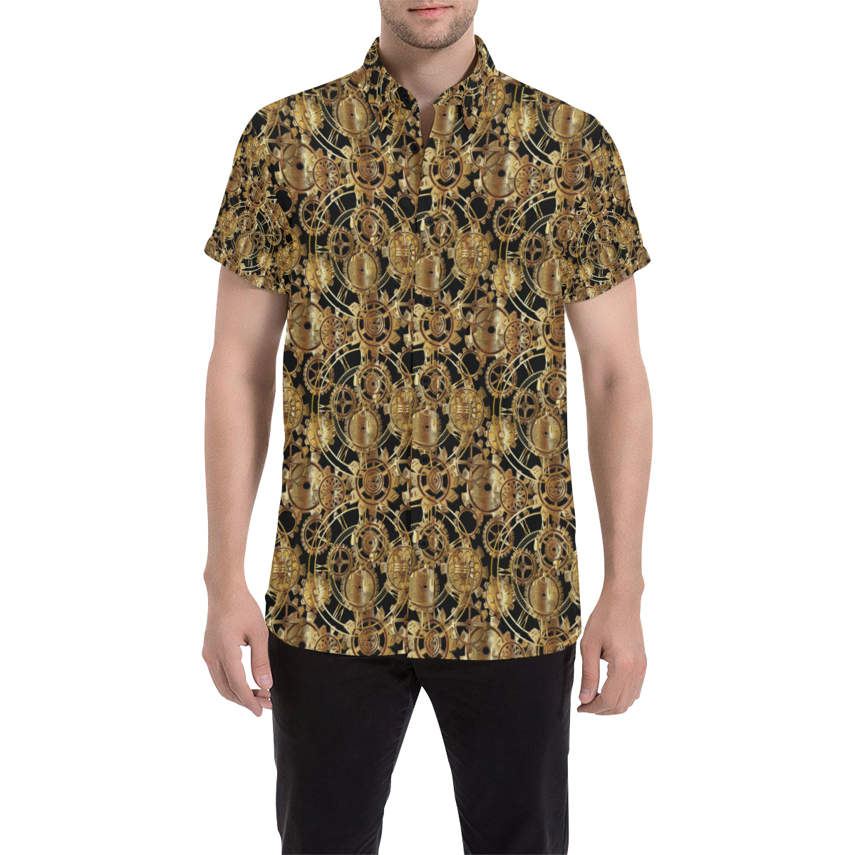 Steampunk Gear Design Themed Print Men's Short Sleeve Button Up Shirt