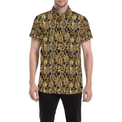 Steampunk Gear Design Themed Print Men's Short Sleeve Button Up Shirt