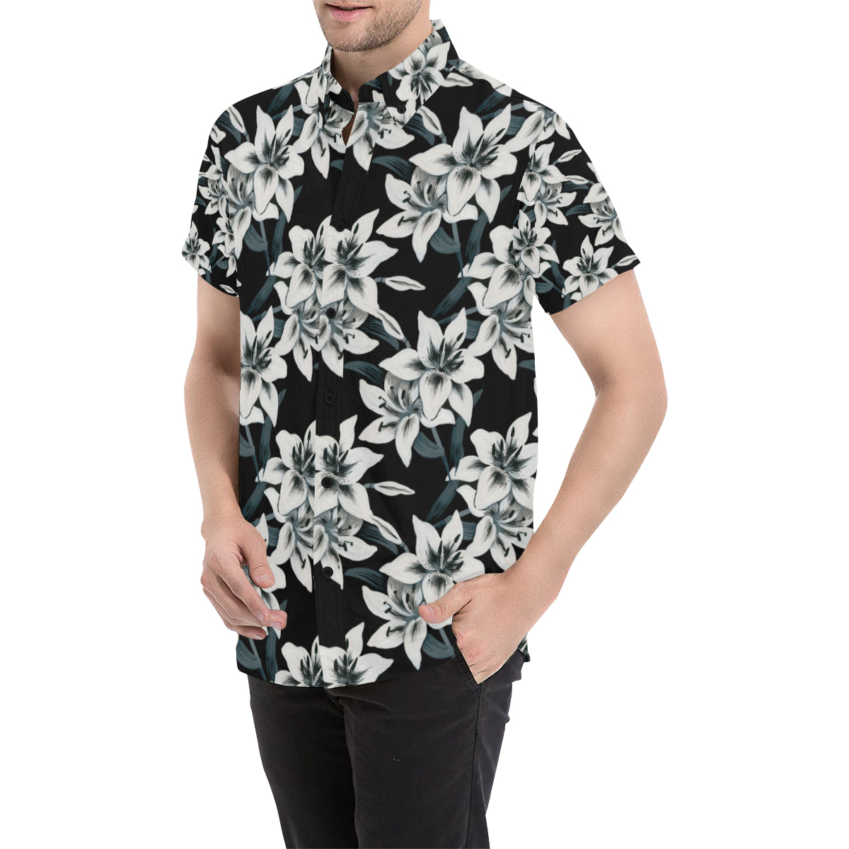 Lily Pattern Print Design 03 Men's Short Sleeve Button Up Shirt
