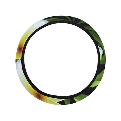 White Plumeria Pattern Print Design PM06 Steering Wheel Cover with Elastic Edge