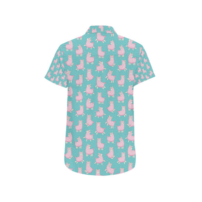 Alpaca Cartoon Design Themed Print Men's Short Sleeve Button Up Shirt