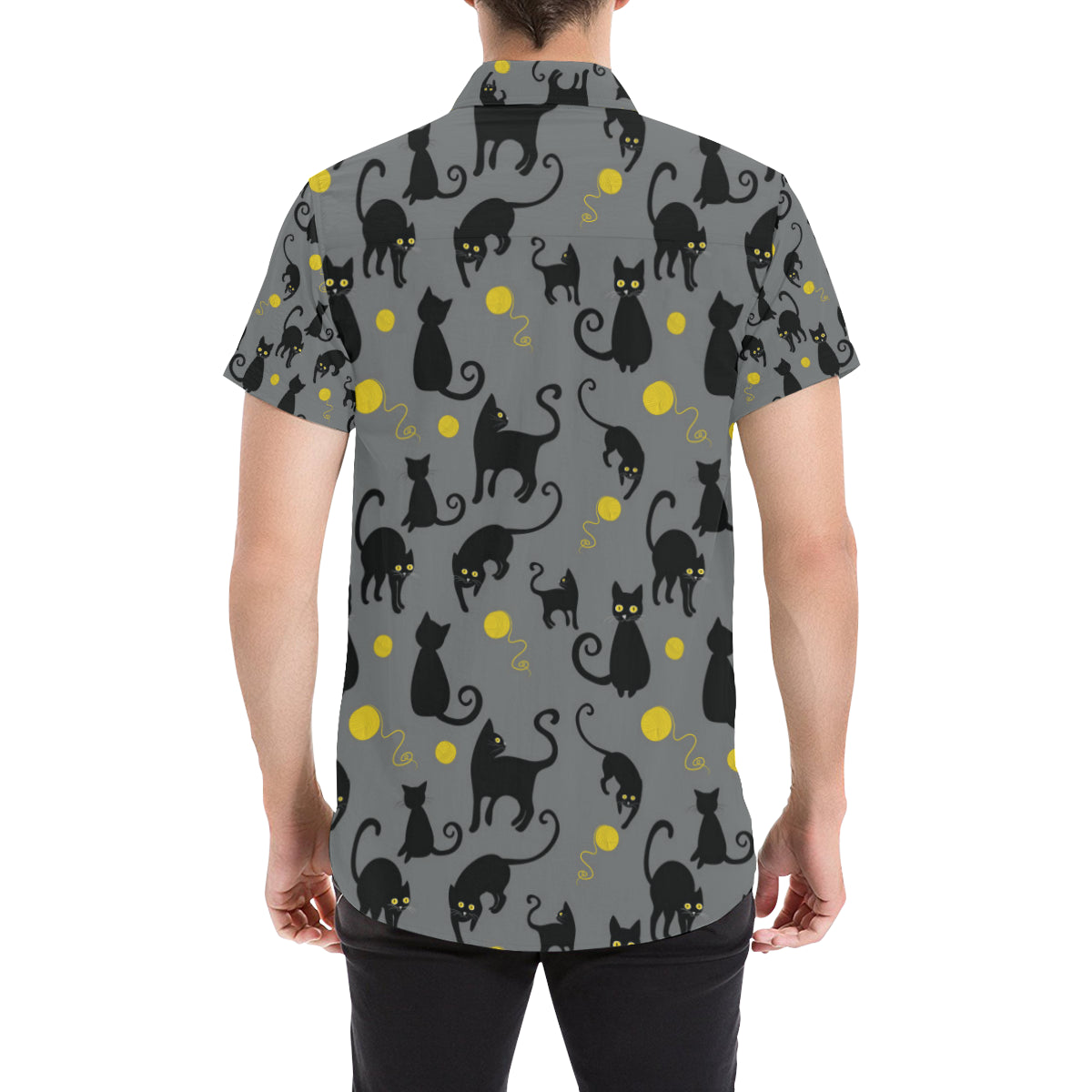 Black Cat Yellow Yarn Print Pattern Men's Short Sleeve Button Up Shirt