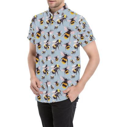 Bee Pattern Print Design BEE08 Men's Short Sleeve Button Up Shirt