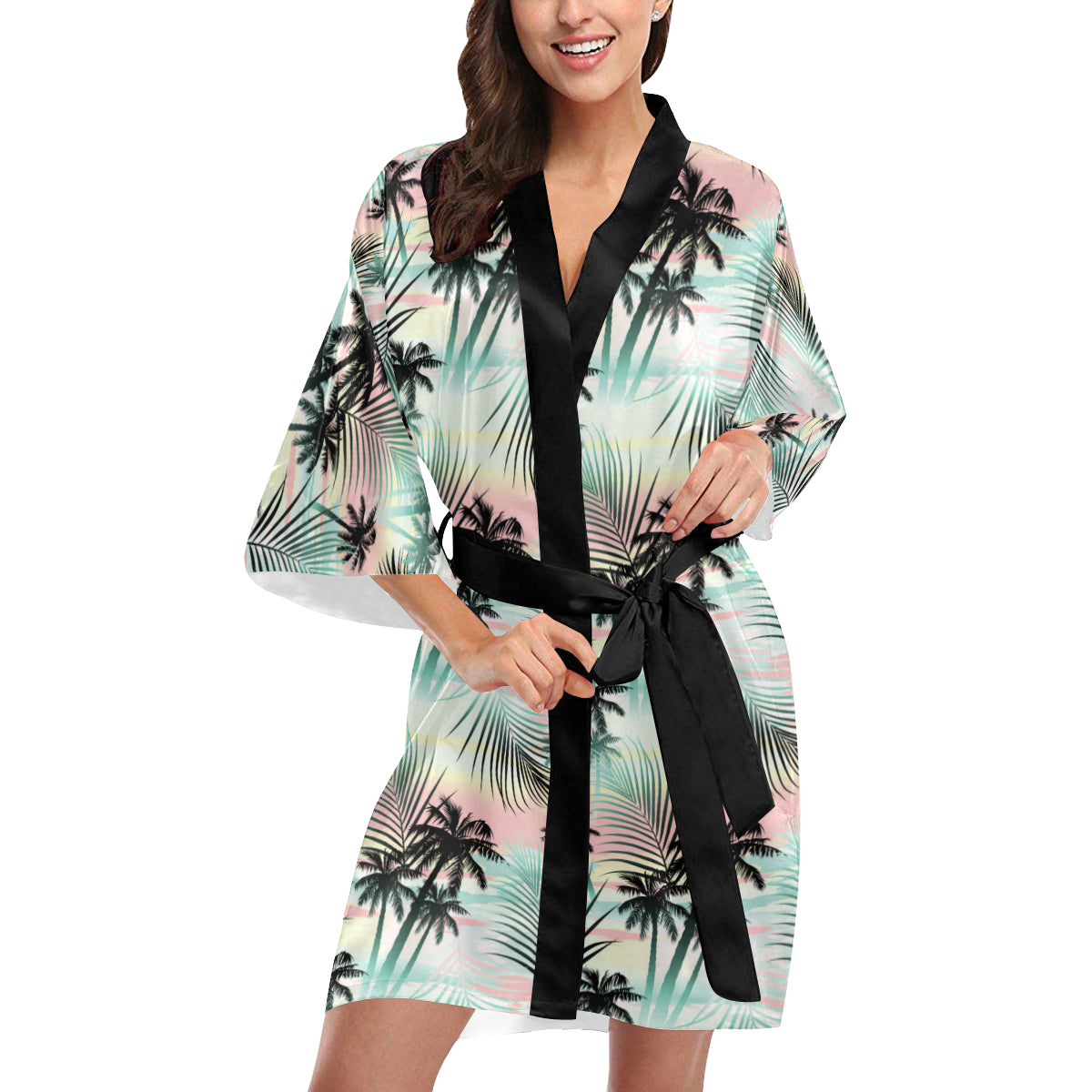 Palm Tree Pattern Print Design A03 Women's Short Kimono