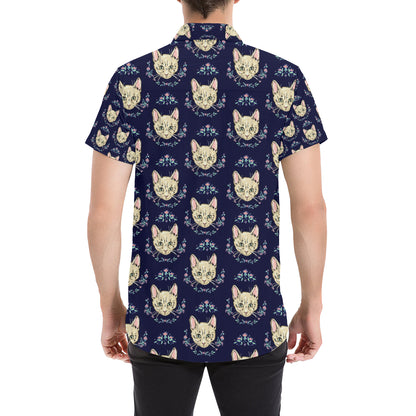 Cat Head with flower Print Pattern Men's Short Sleeve Button Up Shirt