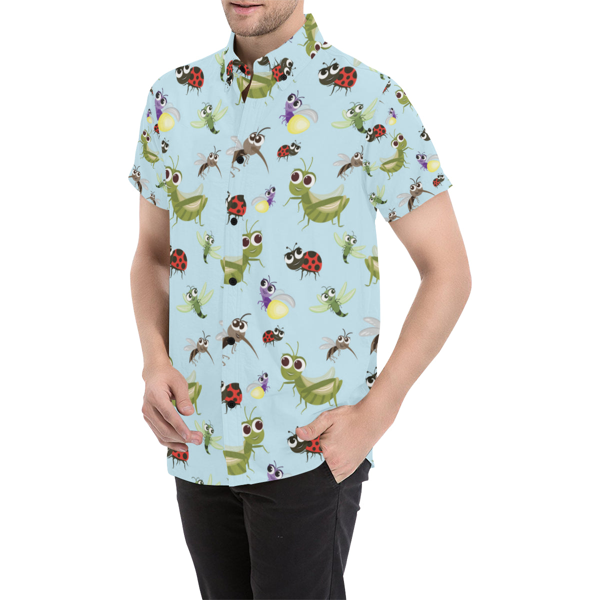 Ladybug Pattern Print Design 01 Men's Short Sleeve Button Up Shirt