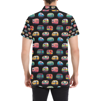 Camper Camping Pattern Men's Short Sleeve Button Up Shirt