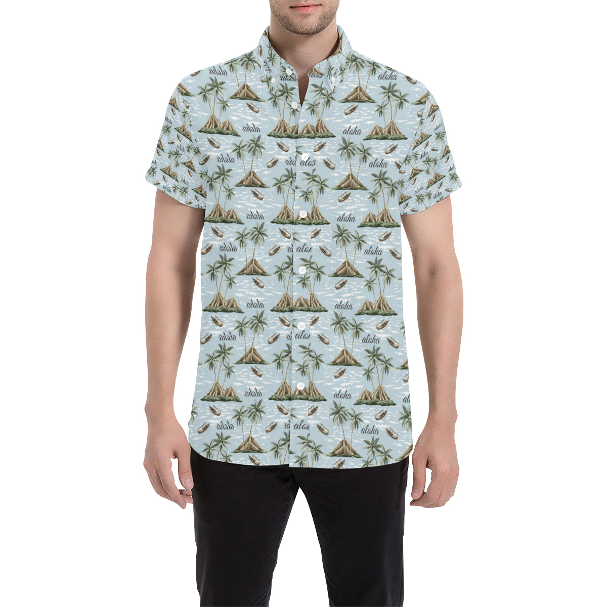 Aloha Hawaii island Design Themed Print Men's Short Sleeve Button Up Shirt