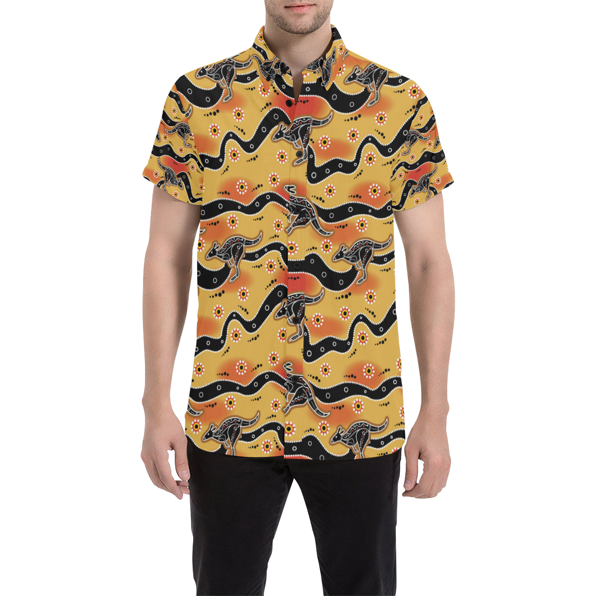 Kangaroos Aboriginal  Pattern Print Design 06 Men's Short Sleeve Button Up Shirt