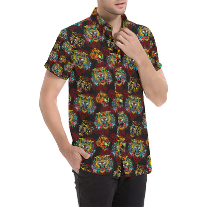 Tattoo Tiger Colorful Design Men's Short Sleeve Button Up Shirt