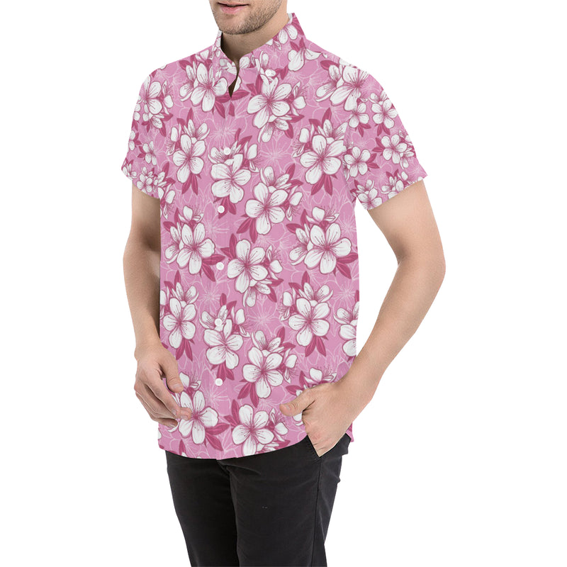 Cherry Blossom Pattern Print Design CB02 Men's Short Sleeve Button Up Shirt