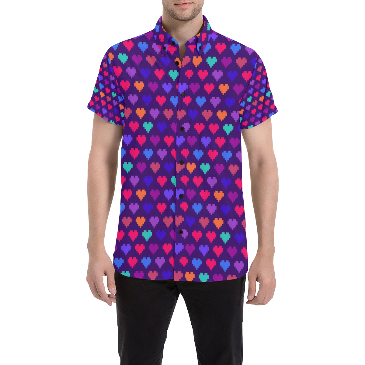 Heart Pixel Pattern Print Design HE03 Men's Short Sleeve Button Up Shirt