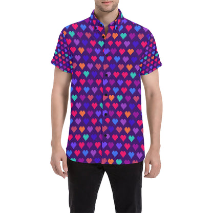 Heart Pixel Pattern Print Design HE03 Men's Short Sleeve Button Up Shirt
