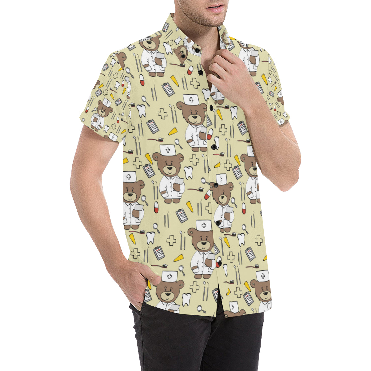 Nurse Bear Pattern Print Design A02 Men's Short Sleeve Button Up Shirt