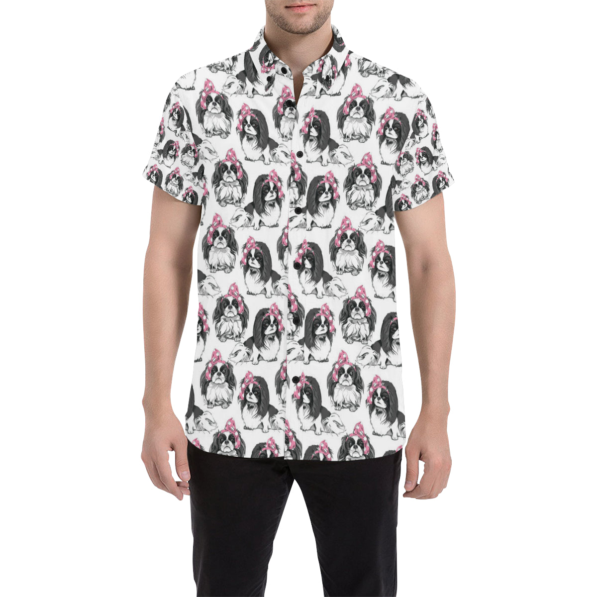 Japanese Chin Pattern Print Design 01 Men's Short Sleeve Button Up Shirt