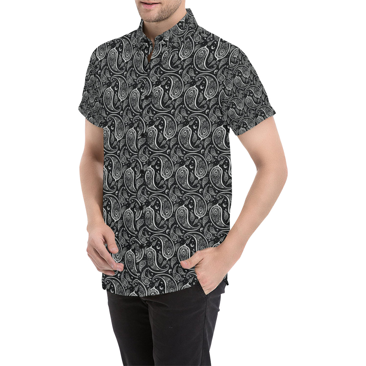 Paisley Black Design Print Men's Short Sleeve Button Up Shirt