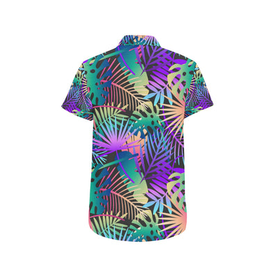 Neon Flower Tropical Palm Leaves Men's Short Sleeve Button Up Shirt