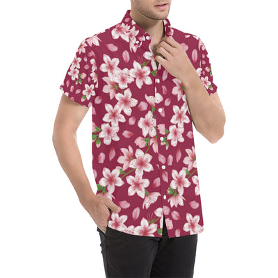 Cherry Blossom Pattern Print Design CB06 Men's Short Sleeve Button Up Shirt