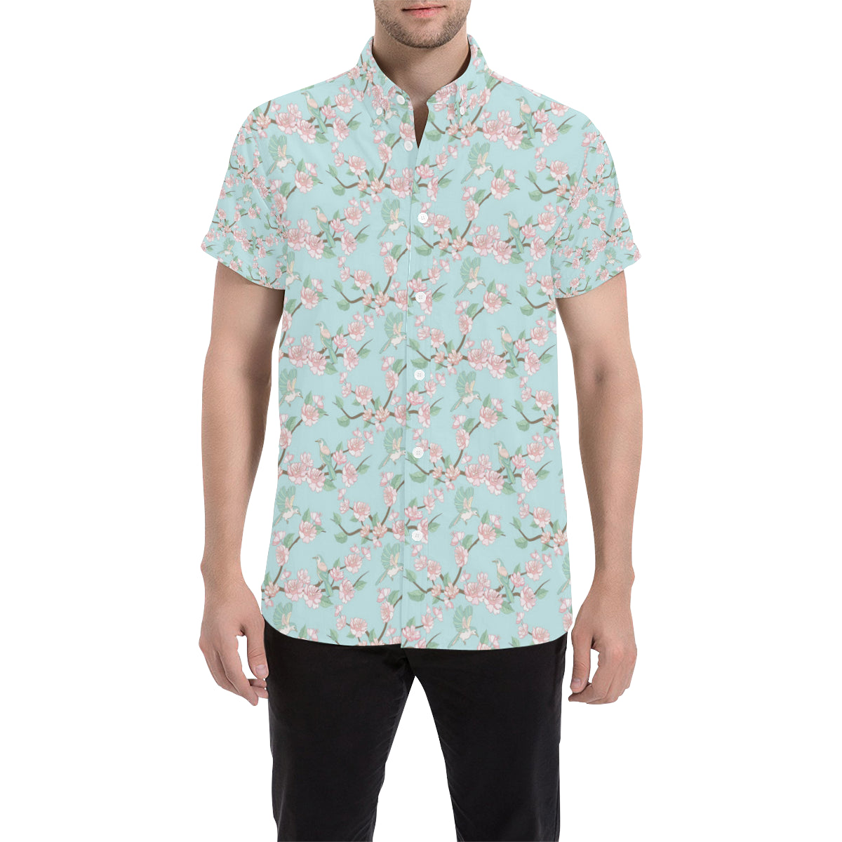 Cherry Blossom Pattern Print Design 02 Men's Short Sleeve Button Up Shirt