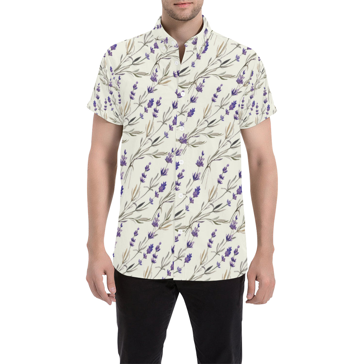 Lavender Pattern Print Design 01 Men's Short Sleeve Button Up Shirt