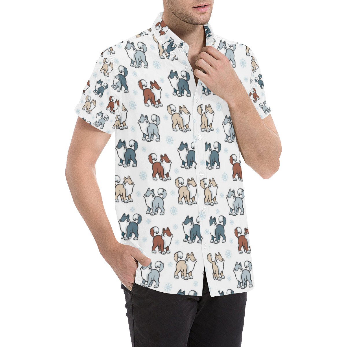Alaskan Malamute Pattern Print Design 02 Men's Short Sleeve Button Up Shirt
