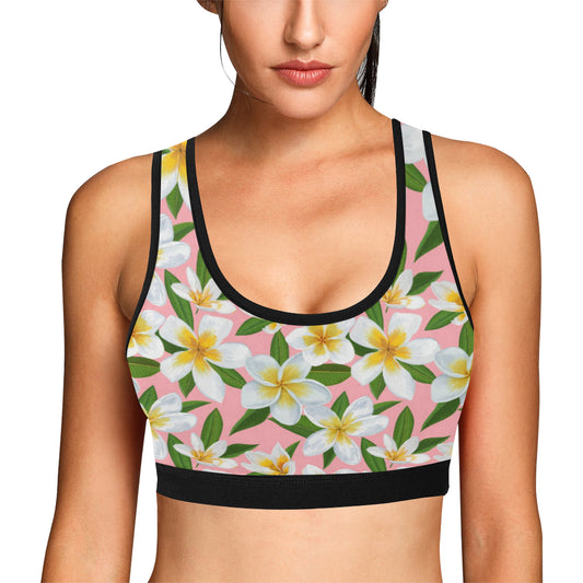 White Plumeria Pattern Print Design PM011 Sports Bra