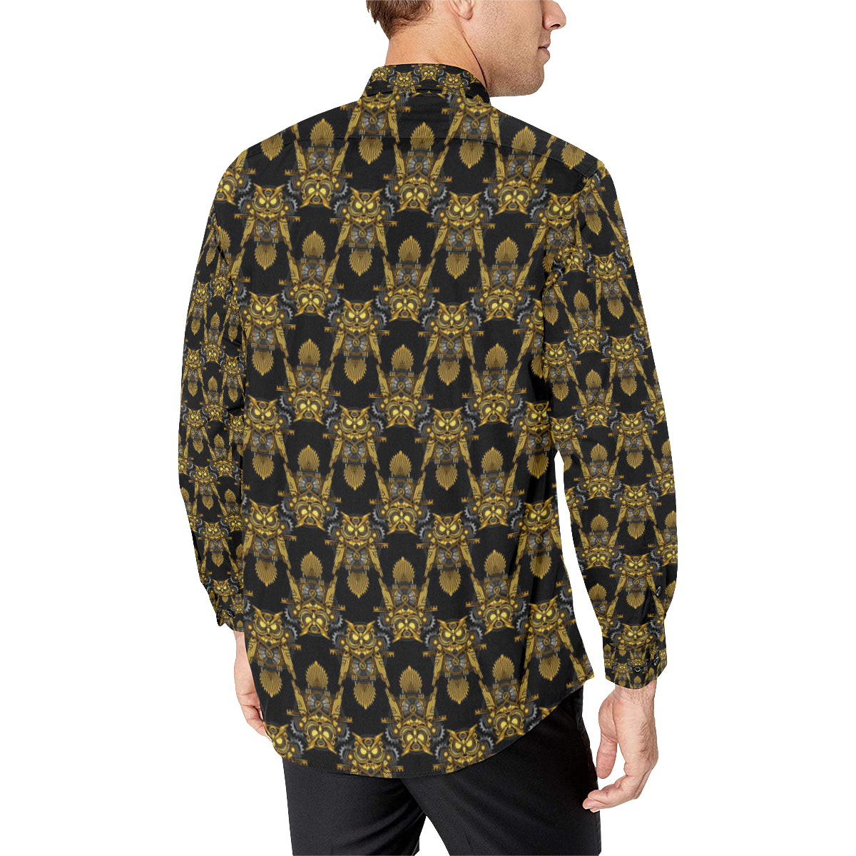 Steampunk Gold Owl Design Themed Print Men's Long Sleeve Shirt