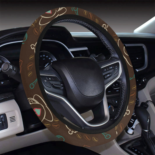 Coffee Pattern Print Design 06 Steering Wheel Cover with Elastic Edge