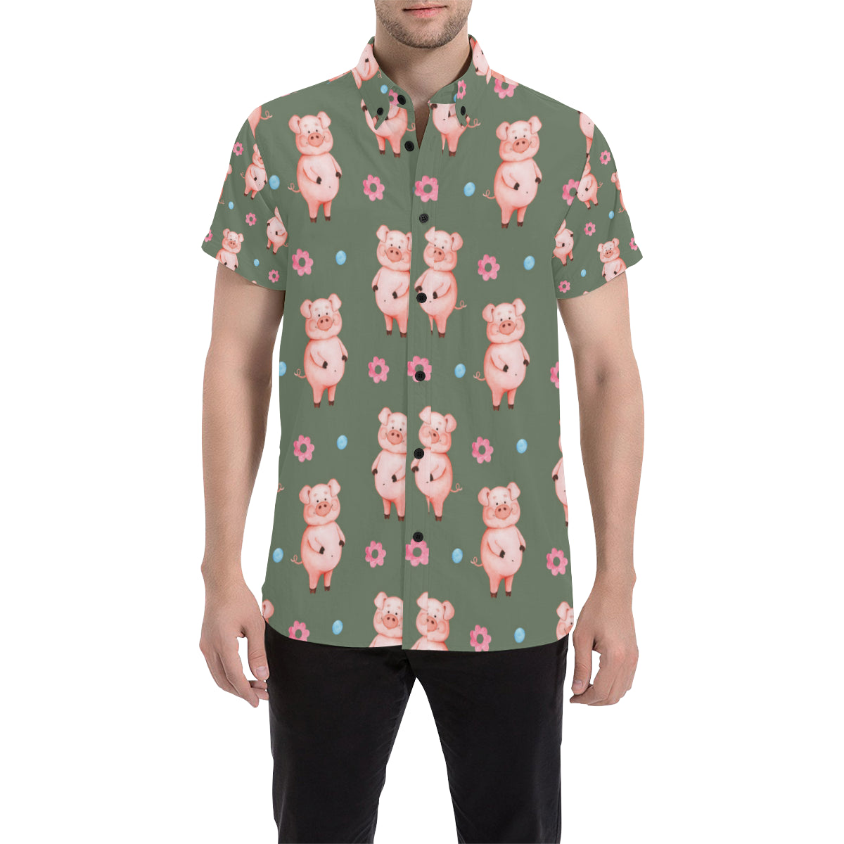 Pig Pattern Print Design 03 Men's Short Sleeve Button Up Shirt