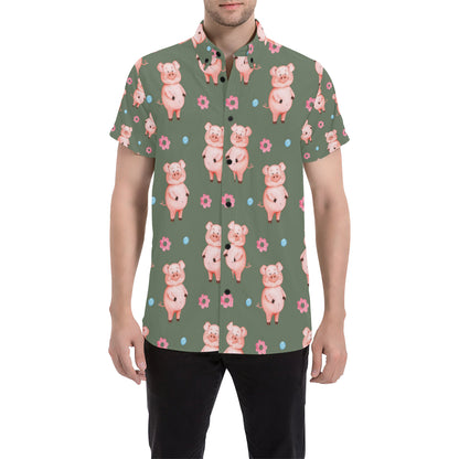 Pig Pattern Print Design 03 Men's Short Sleeve Button Up Shirt