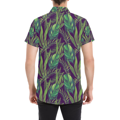 Palm Leaves Pattern Print Design PL03 Men's Short Sleeve Button Up Shirt