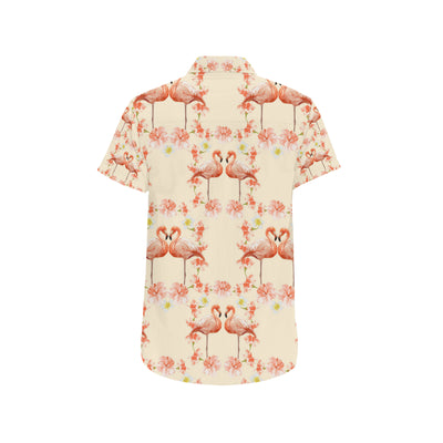 Flamingo Hibiscus Print Pattern Men's Short Sleeve Button Up Shirt