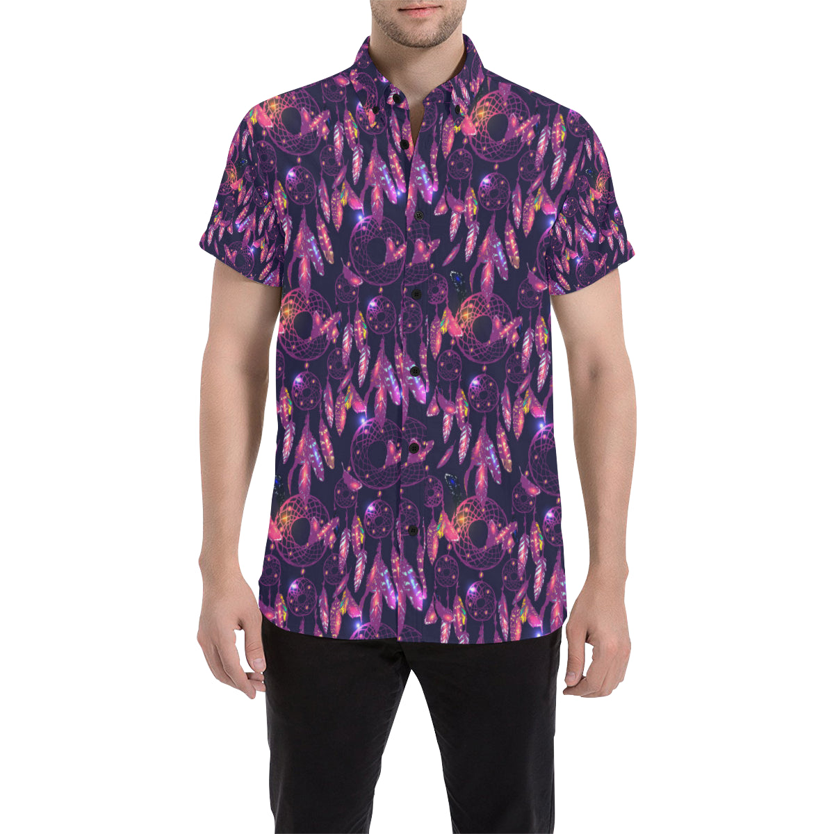 Dream catcher neon Men's Short Sleeve Button Up Shirt